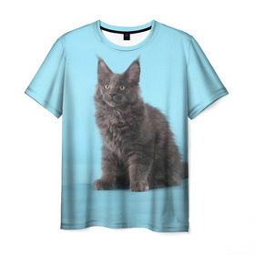 Мужская футболка 3D с принтом Кот мейн кун , 100% полиэфир | прямой крой, круглый вырез горловины, длина до линии бедер | Тематика изображения на принте: котенок | мейнкун