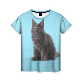 Женская футболка 3D с принтом Кот мейн кун , 100% полиэфир ( синтетическое хлопкоподобное полотно) | прямой крой, круглый вырез горловины, длина до линии бедер | котенок | мейнкун