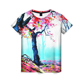 Женская футболка 3D с принтом Сакура , 100% полиэфир ( синтетическое хлопкоподобное полотно) | прямой крой, круглый вырез горловины, длина до линии бедер | весна | живопись | сакура | япония