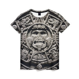 Женская футболка 3D с принтом Календарь ацтеков , 100% полиэфир ( синтетическое хлопкоподобное полотно) | прямой крой, круглый вырез горловины, длина до линии бедер | ацтеки | древняя цивилизация | индейцы | майя | южная америка