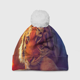 Шапка 3D c помпоном с принтом Тигр , 100% полиэстер | универсальный размер, печать по всей поверхности изделия | лев | тигр