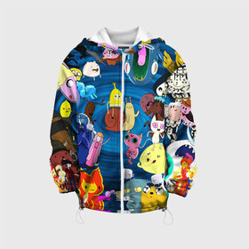 Детская куртка 3D с принтом Adventure Time 1 , 100% полиэстер | застежка — молния, подол и капюшон оформлены резинкой с фиксаторами, по бокам — два кармана без застежек, один потайной карман на груди, плотность верхнего слоя — 90 г/м2; плотность флисового подклада — 260 г/м2 | Тематика изображения на принте: adventure time | bubblegum | dog | finn | jake | marcelline | время приключений | джейк и финн | марселин | пупырка