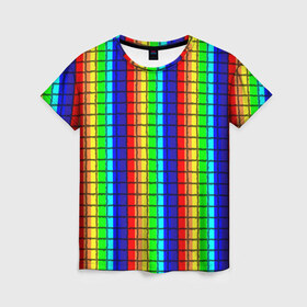 Женская футболка 3D с принтом Радуга (Полосы в мозайку) , 100% полиэфир ( синтетическое хлопкоподобное полотно) | прямой крой, круглый вырез горловины, длина до линии бедер | вертикальные | жёлтый | зелёный | красный | оранжевый | полосы | радуга | синий | фиолетовый