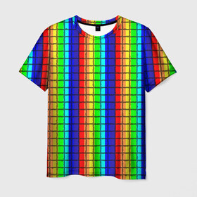 Мужская футболка 3D с принтом Радуга (Полосы в мозайку) , 100% полиэфир | прямой крой, круглый вырез горловины, длина до линии бедер | вертикальные | жёлтый | зелёный | красный | оранжевый | полосы | радуга | синий | фиолетовый