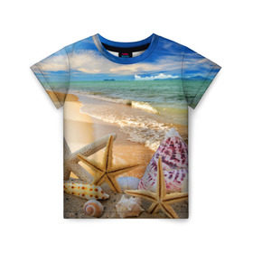 Детская футболка 3D с принтом Морской пляж 2 , 100% гипоаллергенный полиэфир | прямой крой, круглый вырез горловины, длина до линии бедер, чуть спущенное плечо, ткань немного тянется | Тематика изображения на принте: море | отдых | отпуск | пляж | ракушки | туризм