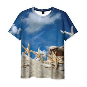 Мужская футболка 3D с принтом Морской пляж 3 , 100% полиэфир | прямой крой, круглый вырез горловины, длина до линии бедер | Тематика изображения на принте: море | отдых | отпуск | пляж | ракушки | туризм