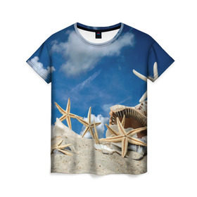 Женская футболка 3D с принтом Морской пляж 3 , 100% полиэфир ( синтетическое хлопкоподобное полотно) | прямой крой, круглый вырез горловины, длина до линии бедер | Тематика изображения на принте: море | отдых | отпуск | пляж | ракушки | туризм