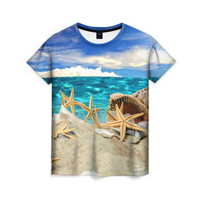 Женская футболка 3D с принтом Морской пляж 4 , 100% полиэфир ( синтетическое хлопкоподобное полотно) | прямой крой, круглый вырез горловины, длина до линии бедер | Тематика изображения на принте: море | отдых | отпуск | пляж | ракушки | туризм