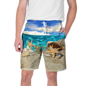 Мужские шорты 3D с принтом Морской пляж 4 ,  полиэстер 100% | прямой крой, два кармана без застежек по бокам. Мягкая трикотажная резинка на поясе, внутри которой широкие завязки. Длина чуть выше колен | Тематика изображения на принте: море | отдых | отпуск | пляж | ракушки | туризм