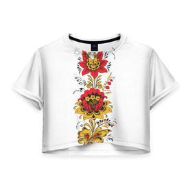 Женская футболка 3D укороченная с принтом Хохлома 2 , 100% полиэстер | круглая горловина, длина футболки до линии талии, рукава с отворотами | Тематика изображения на принте: ветки | лента | лист | народное | россия | русское | узор
