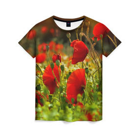 Женская футболка 3D с принтом Маки , 100% полиэфир ( синтетическое хлопкоподобное полотно) | прямой крой, круглый вырез горловины, длина до линии бедер | field | flowers | meadow | nature | poppies | poppy | red | summer | wild | красные | лето | луг | мак | маки | поле | полевые | природа | цветы