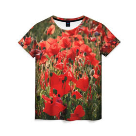 Женская футболка 3D с принтом Маки , 100% полиэфир ( синтетическое хлопкоподобное полотно) | прямой крой, круглый вырез горловины, длина до линии бедер | field | flowers | meadow | nature | poppies | poppy | red | summer | wild | красные | лето | луг | мак | маки | поле | полевые | природа | цветы