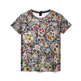 Женская футболка 3D с принтом Мексиканские черепа , 100% полиэфир ( синтетическое хлопкоподобное полотно) | прямой крой, круглый вырез горловины, длина до линии бедер | calavera | sugar skull | день мертвых | мексика | традиция | узоры | цветы