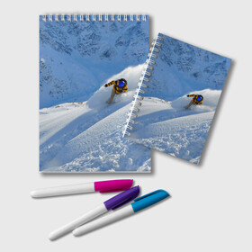 Блокнот с принтом Спуск , 100% бумага | 48 листов, плотность листов — 60 г/м2, плотность картонной обложки — 250 г/м2. Листы скреплены удобной пружинной спиралью. Цвет линий — светло-серый
 | гора | зима | лыжник | снег | спорт | спуск