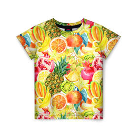 Детская футболка 3D с принтом Веселые фрукты 1 , 100% гипоаллергенный полиэфир | прямой крой, круглый вырез горловины, длина до линии бедер, чуть спущенное плечо, ткань немного тянется | апельсин | арбуз | банан | виноград | груша | киви | овощи | питание | ппп | правильное | тайланд | фрукт | яблоко