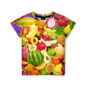 Детская футболка 3D с принтом Веселые фрукты , 100% гипоаллергенный полиэфир | прямой крой, круглый вырез горловины, длина до линии бедер, чуть спущенное плечо, ткань немного тянется | Тематика изображения на принте: апельсин | арбуз | банан | виноград | груша | киви | овощи | питание | ппп | правильное | тайланд | фрукт | яблоко