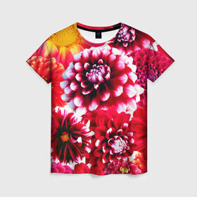 Женская футболка 3D с принтом Яркие цветы , 100% полиэфир ( синтетическое хлопкоподобное полотно) | прямой крой, круглый вырез горловины, длина до линии бедер | красный | лепестки | прикольные картинки | цветочки | цветы