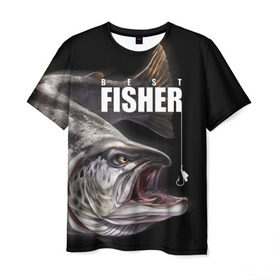 Мужская футболка 3D с принтом Лучший рыбак , 100% полиэфир | прямой крой, круглый вырез горловины, длина до линии бедер | background | best fisherman | black | fish | fishing | sturgeon | лучший рыбак | осетр | рыба | рыбалка | фон | черный