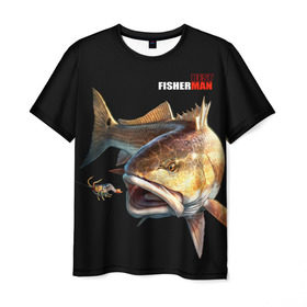 Мужская футболка 3D с принтом Лучший рыбак , 100% полиэфир | прямой крой, круглый вырез горловины, длина до линии бедер | Тематика изображения на принте: background | best fisherman | black | fish | fishing | лучший рыбак | рыба | рыбалка | фон | черный