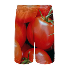 Детские спортивные шорты 3D с принтом Томаты ,  100% полиэстер
 | пояс оформлен широкой мягкой резинкой, ткань тянется
 | Тематика изображения на принте: дача | еда | зелень | красный | овощи | огород | помидоры | томаты