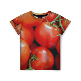 Детская футболка 3D с принтом Томаты , 100% гипоаллергенный полиэфир | прямой крой, круглый вырез горловины, длина до линии бедер, чуть спущенное плечо, ткань немного тянется | Тематика изображения на принте: дача | еда | зелень | красный | овощи | огород | помидоры | томаты