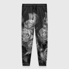 Женские брюки 3D с принтом Черно-белые розы , полиэстер 100% | прямой крой, два кармана без застежек по бокам, с мягкой трикотажной резинкой на поясе и по низу штанин. В поясе для дополнительного комфорта — широкие завязки | Тематика изображения на принте: букет | цветы