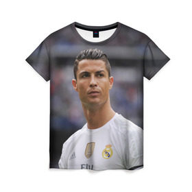 Женская футболка 3D с принтом Cristiano Ronaldo , 100% полиэфир ( синтетическое хлопкоподобное полотно) | прямой крой, круглый вырез горловины, длина до линии бедер | криштиану роналду | реал мадрид