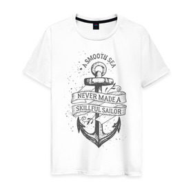 Мужская футболка хлопок с принтом Гладкое море , 100% хлопок | прямой крой, круглый вырез горловины, длина до линии бедер, слегка спущенное плечо. | Тематика изображения на принте: море | моряк | символы | якорь