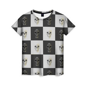 Женская футболка 3D с принтом Skullchess , 100% полиэфир ( синтетическое хлопкоподобное полотно) | прямой крой, круглый вырез горловины, длина до линии бедер | хелоуин | череп | черное и белое | шахматы