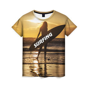 Женская футболка 3D с принтом Surfing , 100% полиэфир ( синтетическое хлопкоподобное полотно) | прямой крой, круглый вырез горловины, длина до линии бедер | волна | девушка | море | прикольные картинки | сёрфинг | солнце | спорт | экстрим