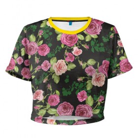 Женская футболка 3D укороченная с принтом Розы1 , 100% полиэстер | круглая горловина, длина футболки до линии талии, рукава с отворотами | Тематика изображения на принте: 