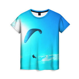Женская футболка 3D с принтом Прыжок , 100% полиэфир ( синтетическое хлопкоподобное полотно) | прямой крой, круглый вырез горловины, длина до линии бедер | парашют | прыжок | синяя