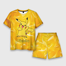 Мужской костюм с шортами 3D с принтом Пикачу на золотом фоне ,  |  | pikachu | pokeboll | pokemon | пикачу | покеболл | покемон