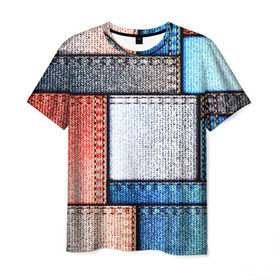 Мужская футболка 3D с принтом Джинсовый стиль , 100% полиэфир | прямой крой, круглый вырез горловины, длина до линии бедер | заплатки | разноцветный | текстура | ткань