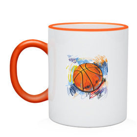 Кружка двухцветная с принтом Баскетбольный мяч в штрихах , керамика | объем — 330 мл, диаметр — 80 мм. Цветная ручка и кайма сверху, в некоторых цветах — вся внутренняя часть | баскетбол | стилизация | штрихи