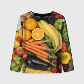 Детский лонгслив 3D с принтом Овощи и фрукты , 100% полиэстер | длинные рукава, круглый вырез горловины, полуприлегающий силуэт
 | Тематика изображения на принте: апельсин | баклажан | банан | картофель | клубника | кукуруза | морковь | овощи | перец | фрукты | яблоки