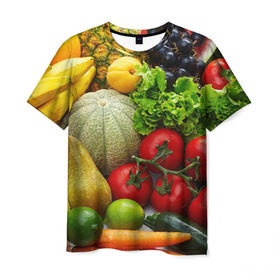 Мужская футболка 3D с принтом Богатый урожай , 100% полиэфир | прямой крой, круглый вырез горловины, длина до линии бедер | Тематика изображения на принте: апельсин | баклажан | банан | богатый урожай | виноград | горох | еда | кабачок | капуста | картофель | лимон | морковь | овощи | огурец | перец | персик | помидор | слива | сочные плоды | томат | тыква
