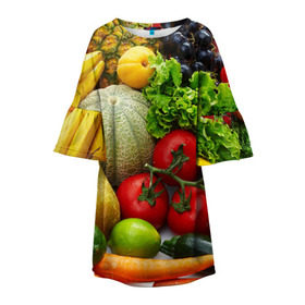 Детское платье 3D с принтом Богатый урожай , 100% полиэстер | прямой силуэт, чуть расширенный к низу. Круглая горловина, на рукавах — воланы | Тематика изображения на принте: апельсин | баклажан | банан | богатый урожай | виноград | горох | еда | кабачок | капуста | картофель | лимон | морковь | овощи | огурец | перец | персик | помидор | слива | сочные плоды | томат | тыква