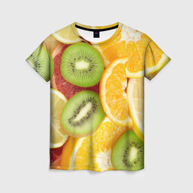 Женская футболка 3D с принтом Сочные фрукты , 100% полиэфир ( синтетическое хлопкоподобное полотно) | прямой крой, круглый вырез горловины, длина до линии бедер | апельсин | грейпфрут | десерт | дольки | киви | кусочки фруктов | лайм | лимон | разрез | сечение | фреш | фрукты | цитрусовые