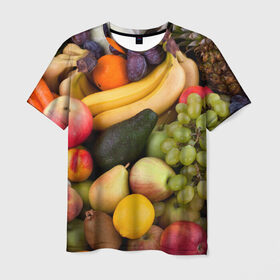 Мужская футболка 3D с принтом Спелые фрукты , 100% полиэфир | прямой крой, круглый вырез горловины, длина до линии бедер | Тематика изображения на принте: ананас | арбуз | банан | богатый урожай | виноград | горох | груша | еда | капуста | картофель | лук | морковь | овощи | огурец | перец | персик | слива | сочные плоды | томат | фасоль | фрукты | яблоко