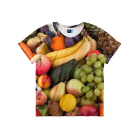 Детская футболка 3D с принтом Спелые фрукты , 100% гипоаллергенный полиэфир | прямой крой, круглый вырез горловины, длина до линии бедер, чуть спущенное плечо, ткань немного тянется | Тематика изображения на принте: ананас | арбуз | банан | богатый урожай | виноград | горох | груша | еда | капуста | картофель | лук | морковь | овощи | огурец | перец | персик | слива | сочные плоды | томат | фасоль | фрукты | яблоко