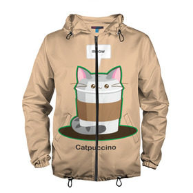 Мужская ветровка 3D с принтом Catpuccino , 100% полиэстер | подол и капюшон оформлены резинкой с фиксаторами, два кармана без застежек по бокам, один потайной карман на груди | Тематика изображения на принте: capuccino | cat | catpuccino | meow | капуччино | кот | котпуччино | кофе | мяу | стакан