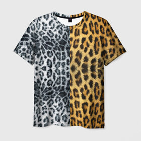 Мужская футболка 3D с принтом Леопард/Снежный Барс , 100% полиэфир | прямой крой, круглый вырез горловины, длина до линии бедер | textures | барс | животное | леопард | пятна | снежный | текстура | чёрное с белым