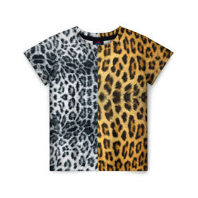 Детская футболка 3D с принтом Леопард/Снежный Барс , 100% гипоаллергенный полиэфир | прямой крой, круглый вырез горловины, длина до линии бедер, чуть спущенное плечо, ткань немного тянется | textures | барс | животное | леопард | пятна | снежный | текстура | чёрное с белым