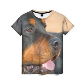 Женская футболка 3D с принтом Ротвейлер , 100% полиэфир ( синтетическое хлопкоподобное полотно) | прямой крой, круглый вырез горловины, длина до линии бедер | большая | пес | песик | псина | ротвейлер | ротвейлеры | собака | собаки