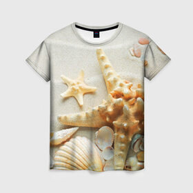 Женская футболка 3D с принтом Морской пляж 5 , 100% полиэфир ( синтетическое хлопкоподобное полотно) | прямой крой, круглый вырез горловины, длина до линии бедер | Тематика изображения на принте: море | морская звезда | песок | пляж | ракушки | туризм | турист