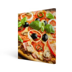 Холст квадратный с принтом Пицца , 100% ПВХ |  | базилик | еда | зелень | маслины | оливки | пицца | помидоры