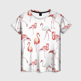 Женская футболка 3D с принтом Узор из фламинго , 100% полиэфир ( синтетическое хлопкоподобное полотно) | прямой крой, круглый вырез горловины, длина до линии бедер | Тематика изображения на принте: животные | мозаика | птицы | узор | фауна | фламинго