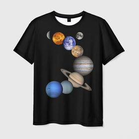Мужская футболка 3D с принтом Парад планет , 100% полиэфир | прямой крой, круглый вырез горловины, длина до линии бедер | звёзды | космическое пространство | космос | планета | созвездие