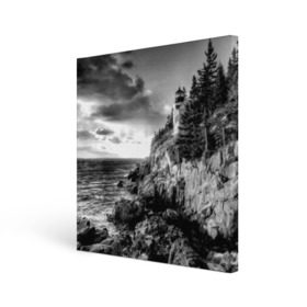 Холст квадратный с принтом Маяк , 100% ПВХ |  | black   white | forest | lighthouse | photo | rocks | sea | shore | spruce | sunset | waves | берег | волны | ельник | закат | камни | лес | маяк | море